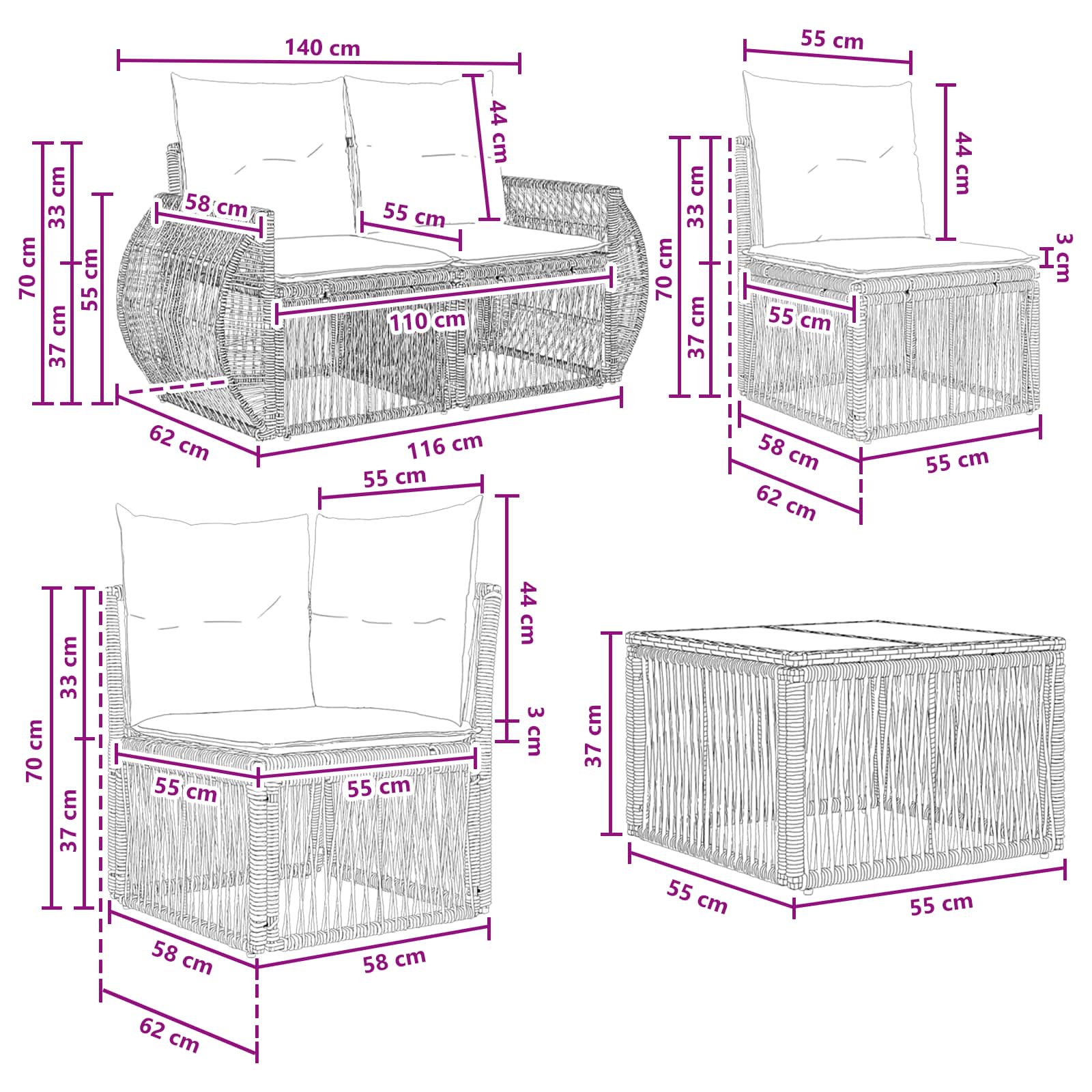 Set Divano da Giardino 9 pcs Nero e Bianco Crema polyrattan | homemem39