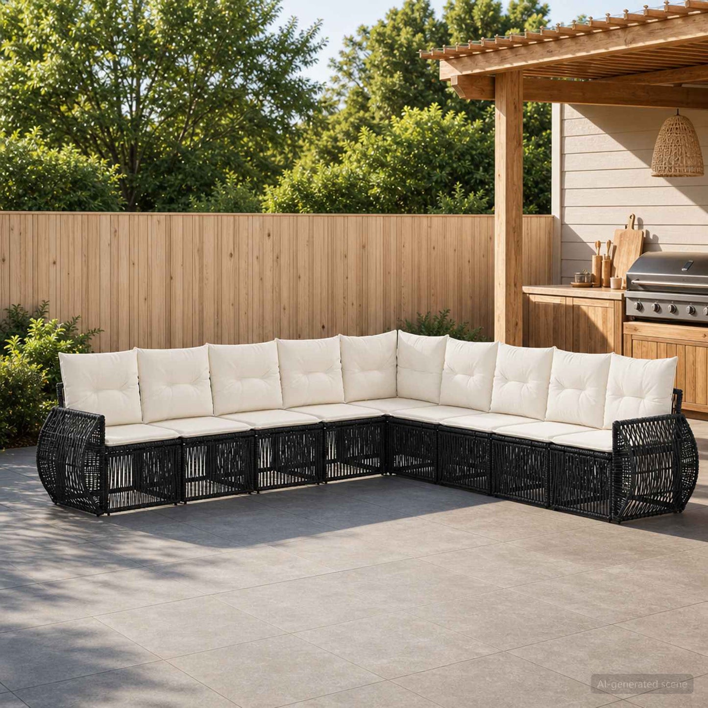 Set Divano da Giardino 9 pcs Nero e Bianco Crema polyrattan | homemem39