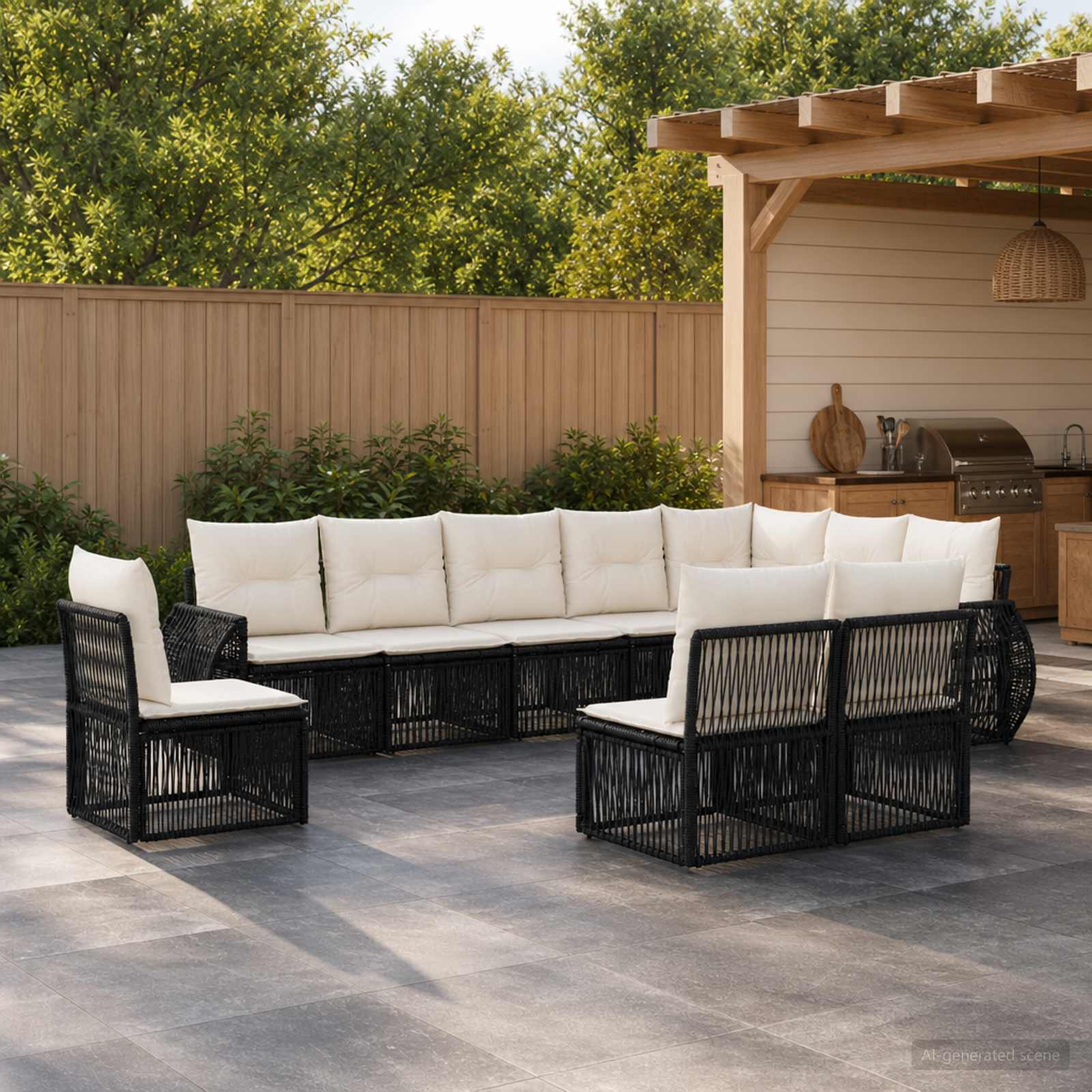 Set Divano da Giardino 10 pcs Nero e Bianco Crema polyrattan | homemem39