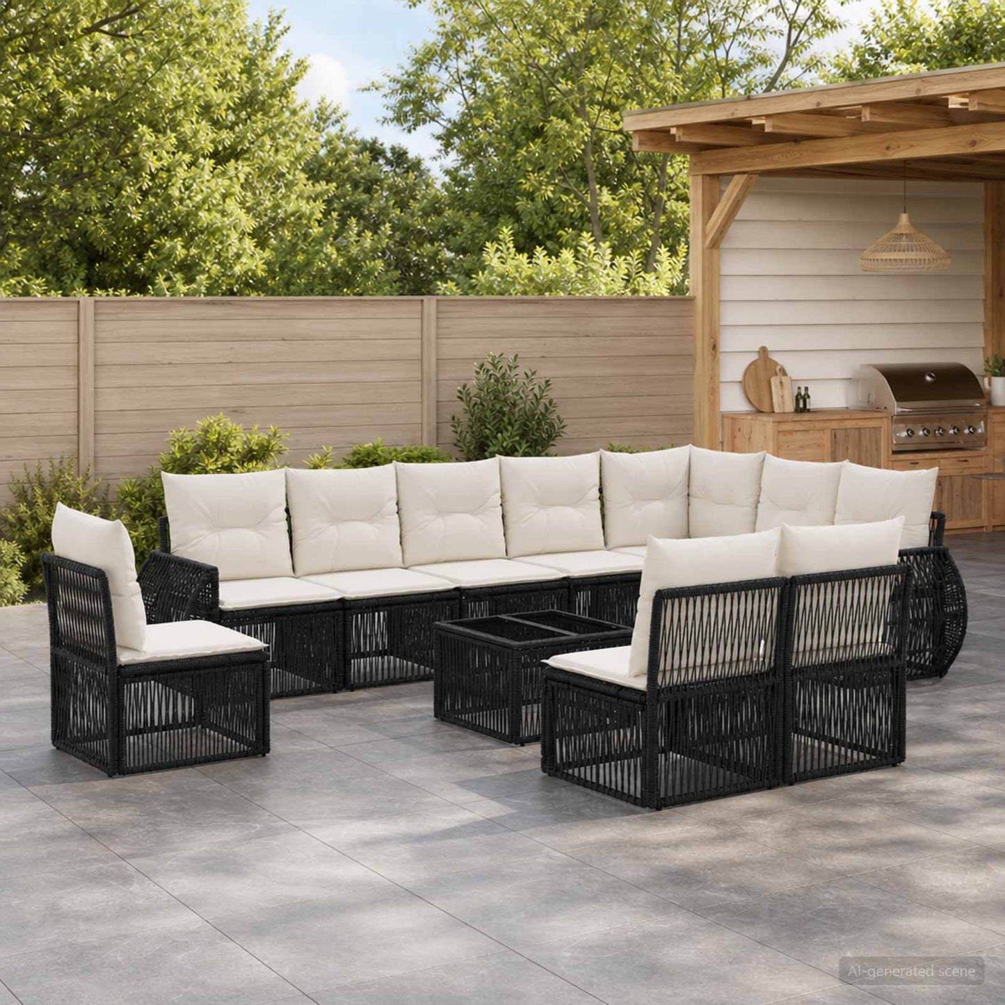 Set Divano da Giardino 11 pcs Nero e Bianco Crema polyrattan | homemem39