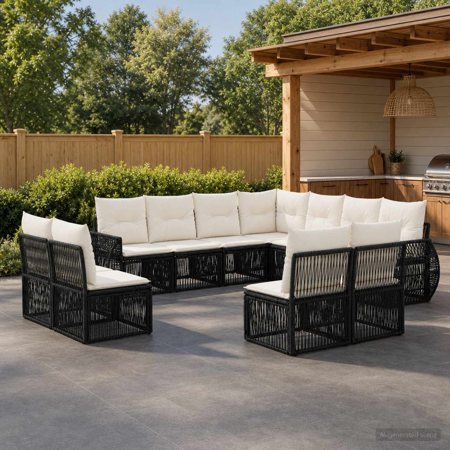 Set Divano da Giardino 11 pz Nero e Bianco Crema polyrattan