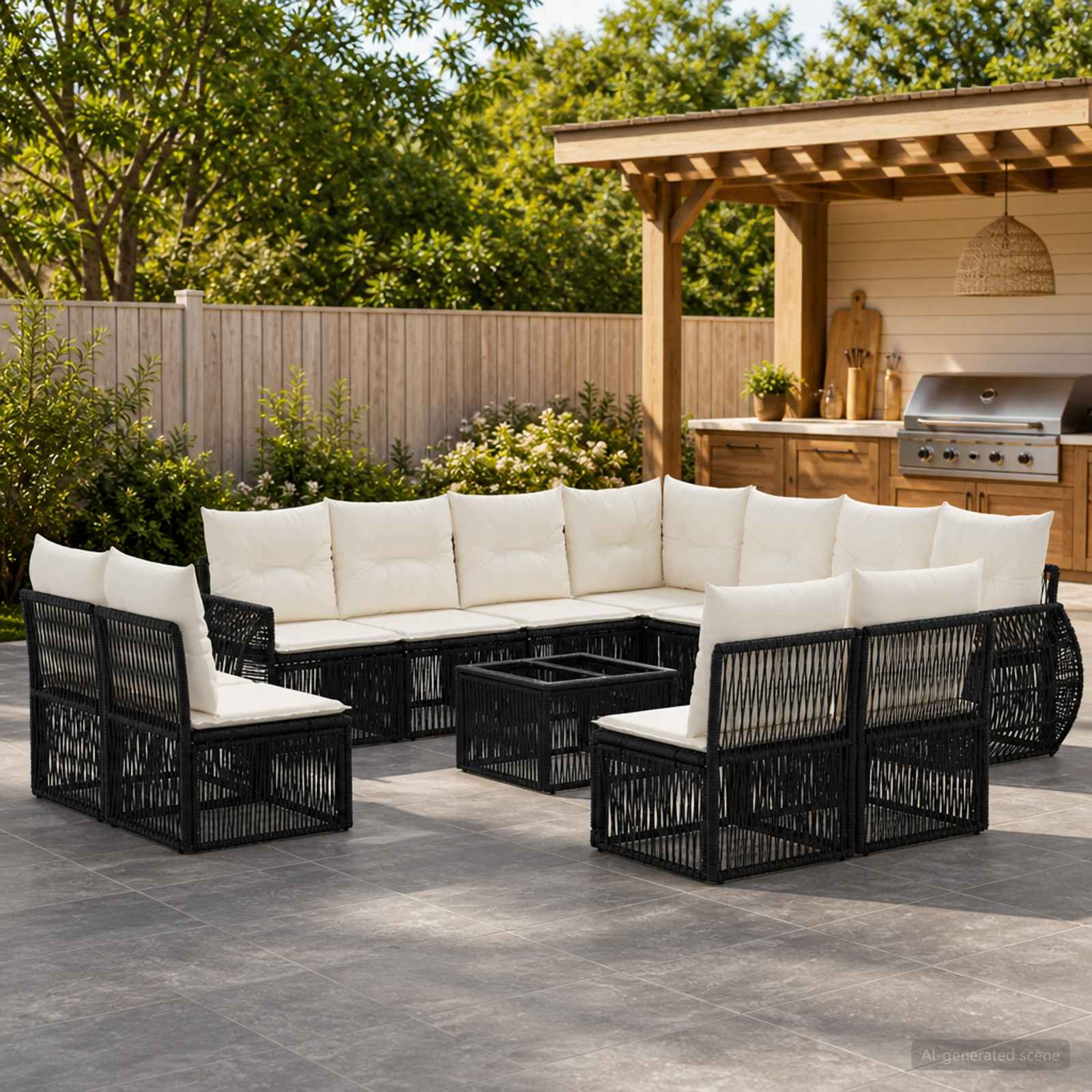 Set Divano da Giardino 12 pcs Nero e Bianco Crema polyrattan | homemem39