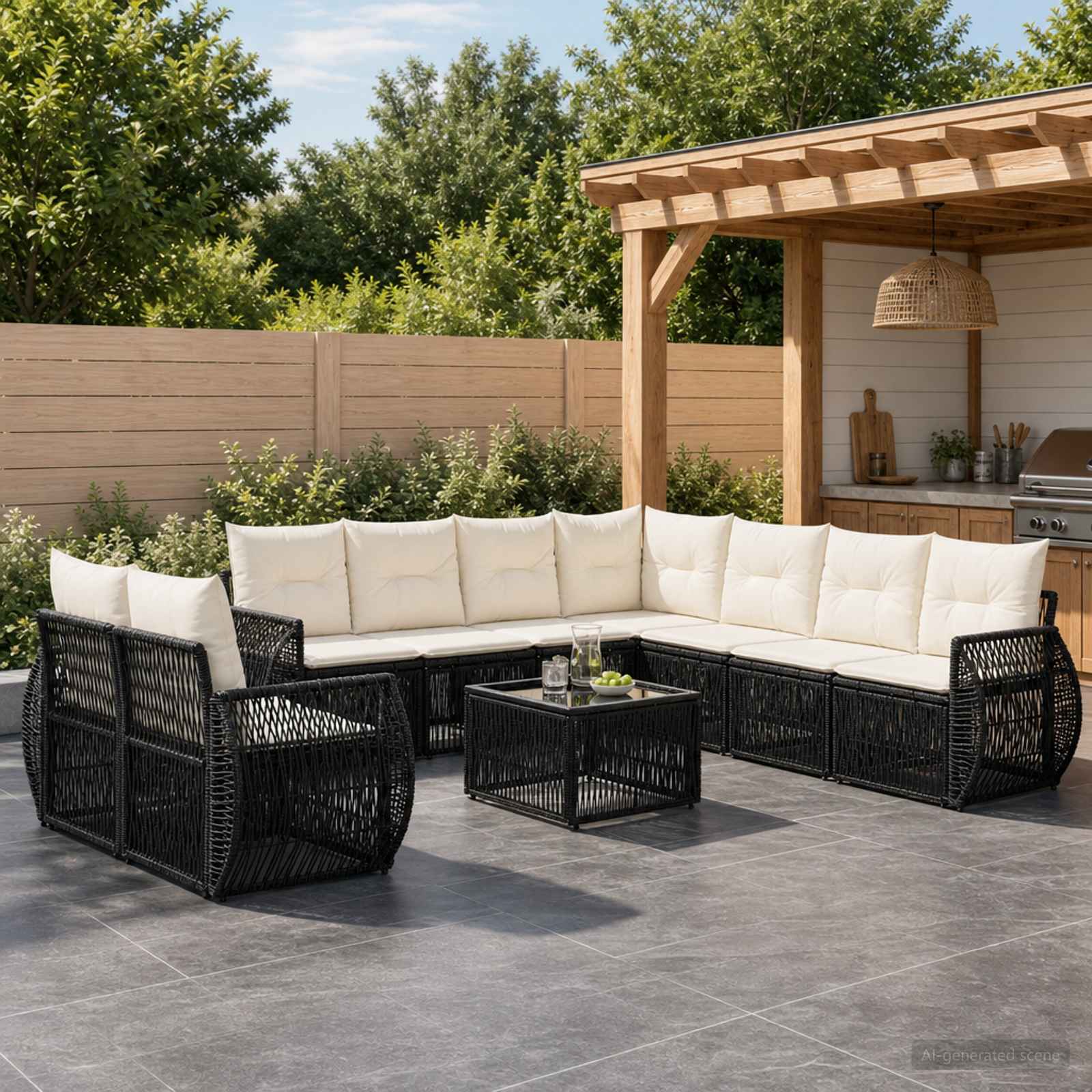 Set Divano da Giardino 10 pcs Nero e Bianco Crema polyrattan | homemem39