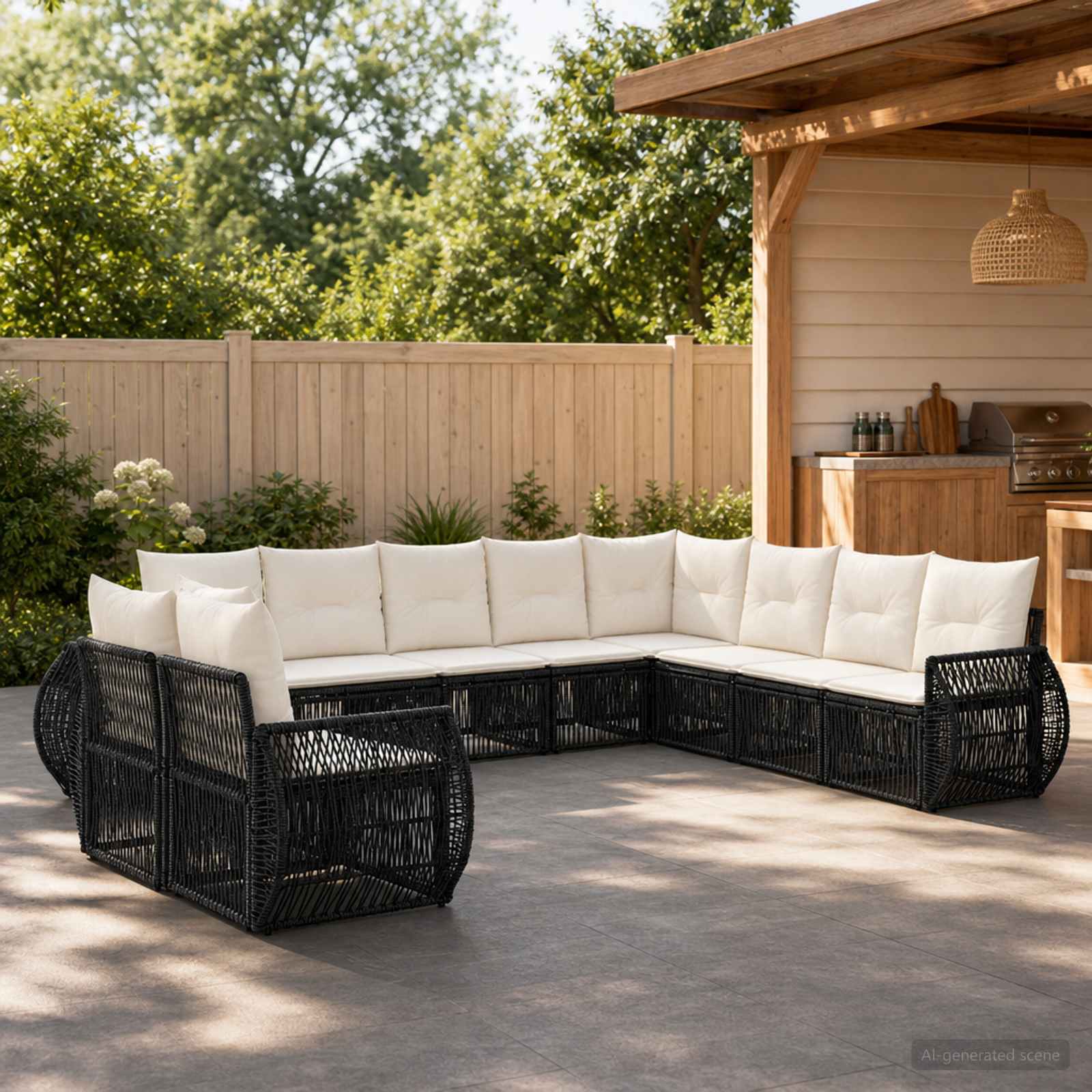 Set Divano da Giardino 10 pcs Nero e Bianco Crema polyrattan | homemem39