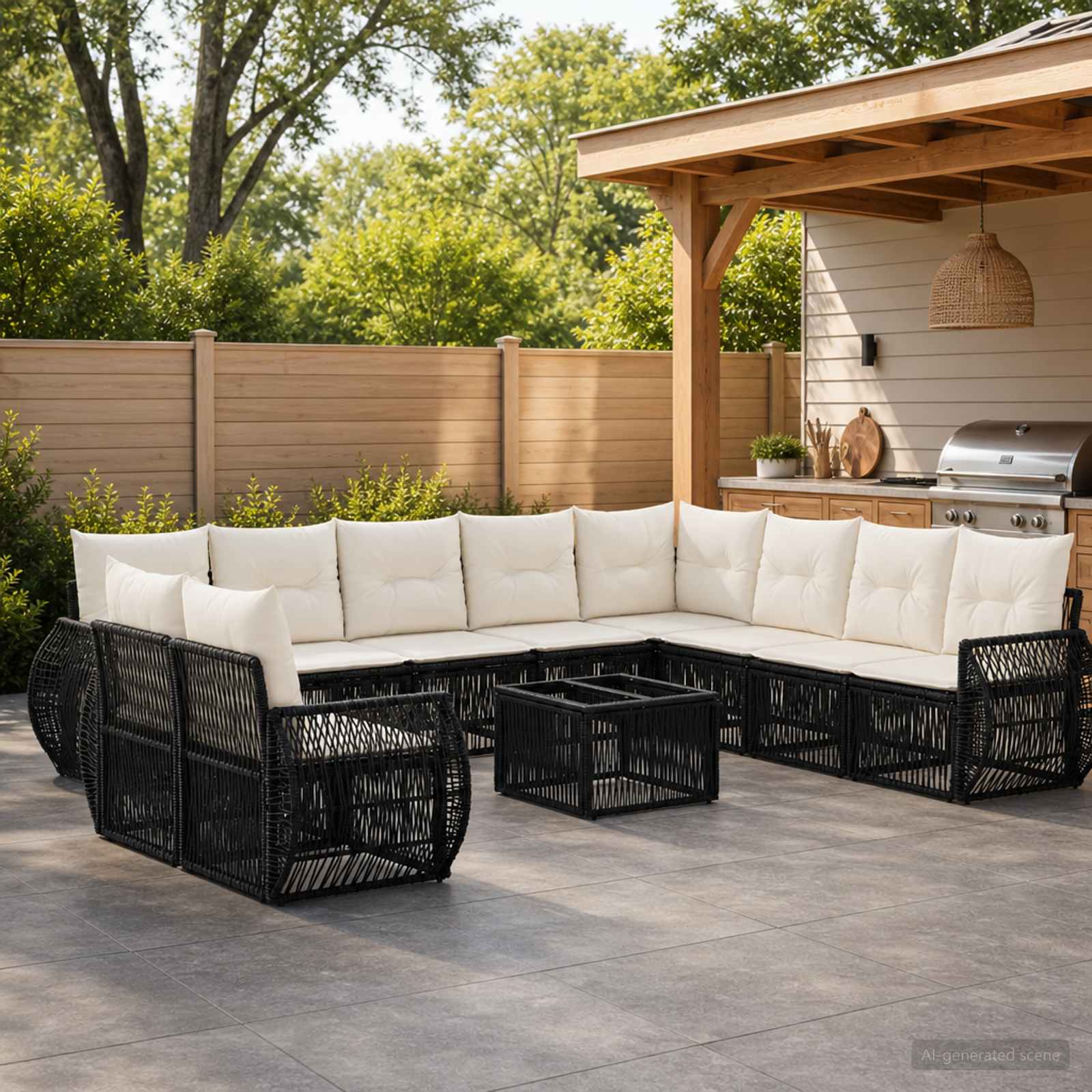 Set Divano da Giardino 11 pcs Nero e Bianco Crema polyrattan | homemem39