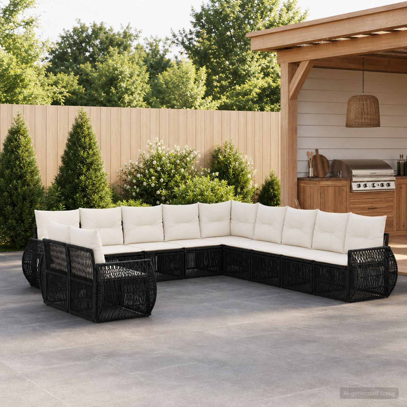 Set Divano da Giardino 11 pcs Nero e Bianco Crema polyrattan | homemem39