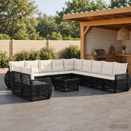 Set Divano da Giardino 12 pcs Nero e Bianco Crema polyrattan | homemem39