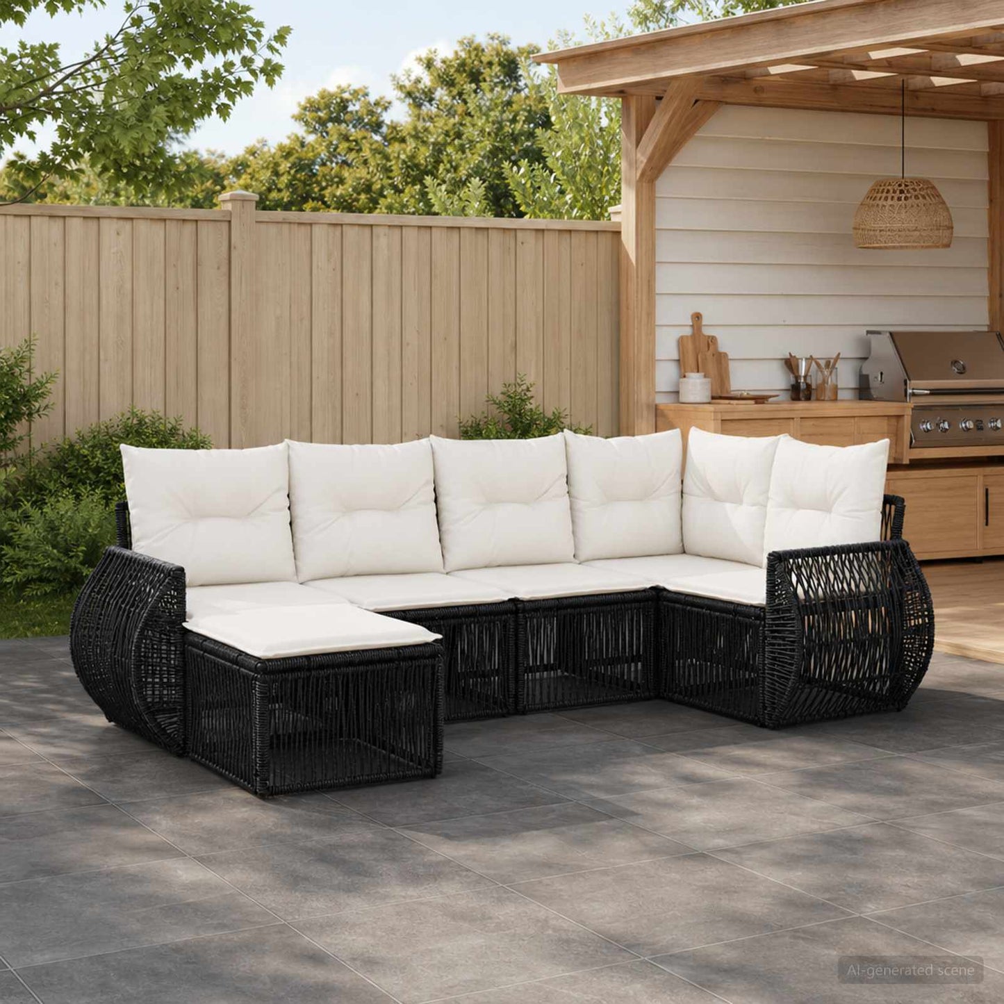 Set Divano da Giardino 6 pcs Nero e Bianco Crema polyrattan | homemem39