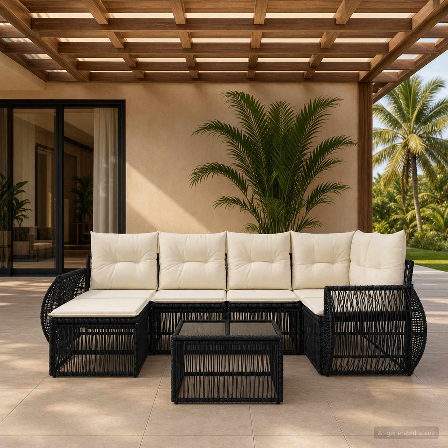 Set Divano da Giardino 7 pcs Nero e Bianco Crema polyrattan | homemem39