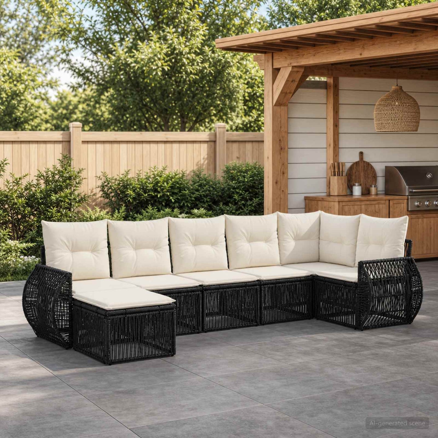 Set Divano da Giardino 7 pcs Nero e Bianco Crema polyrattan | homemem39