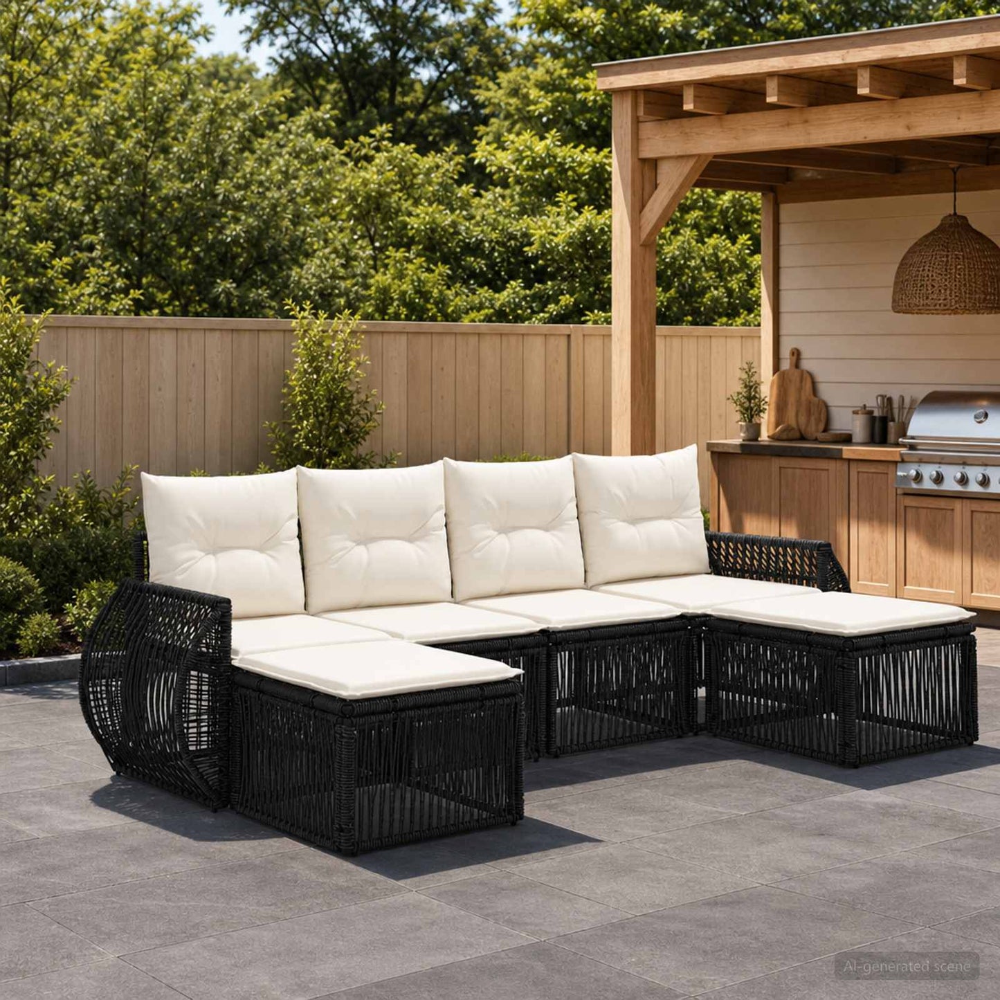 Set Divano da Giardino 6 pcs Nero e Bianco Crema polyrattan | homemem39