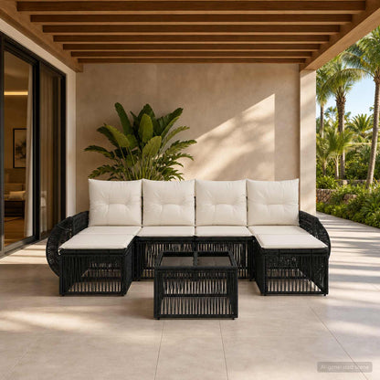Set Divano da Giardino 7 pcs Nero e Bianco Crema polyrattan | homemem39