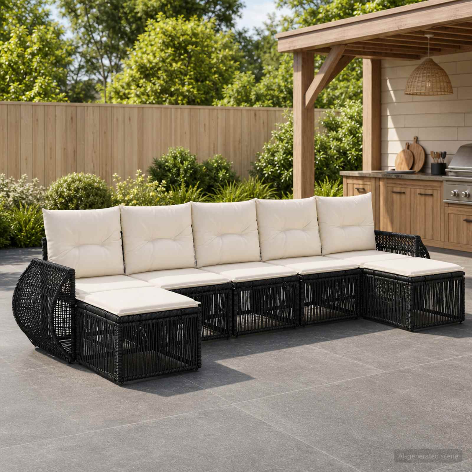 Set Divano da Giardino 7 pcs Nero e Bianco Crema polyrattan | homemem39