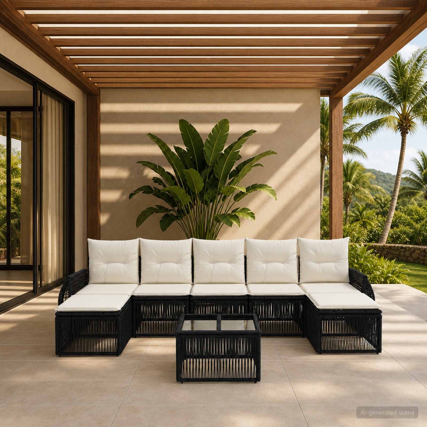 Set Divano da Giardino 8 pcs Nero e Bianco Crema polyrattan | homemem39