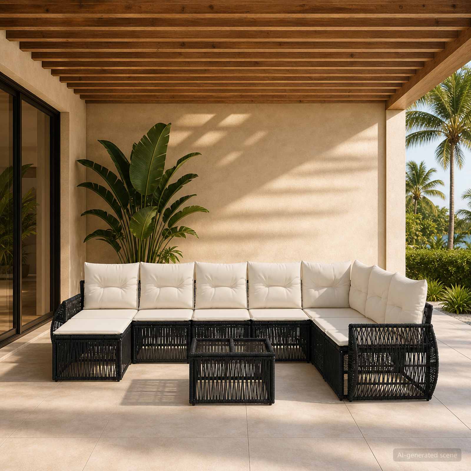 Set Divano da Giardino 9 pcs Nero e Bianco Crema polyrattan | homemem39