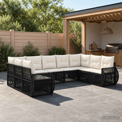 Set Divano da Giardino 9 pcs Nero e Bianco Crema polyrattan | homemem39