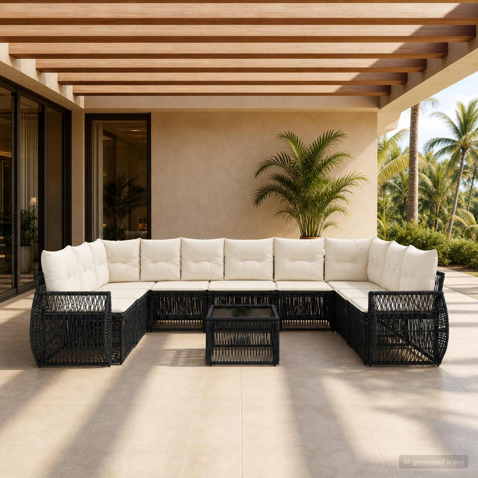 Set Divano da Giardino 11 pcs Nero e Bianco Crema polyrattan | homemem39