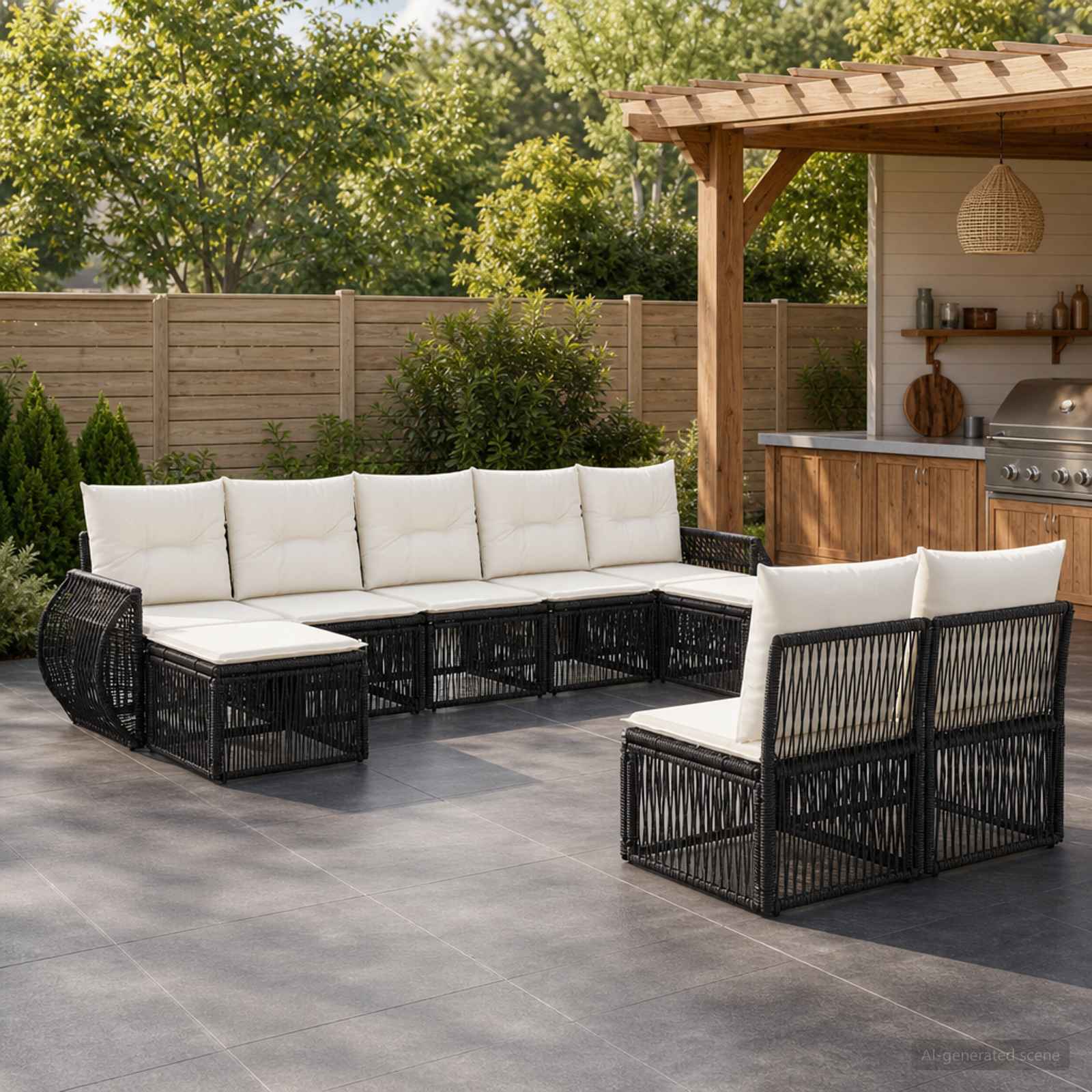 Set Divano da Giardino 9 pcs Nero e Bianco Crema polyrattan | homemem39