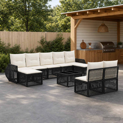 Set Divano da Giardino 10 pz Nero e Bianco Crema polyrattan