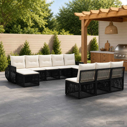 Set Divano da Giardino 10 pz Nero e Bianco Crema polyrattan