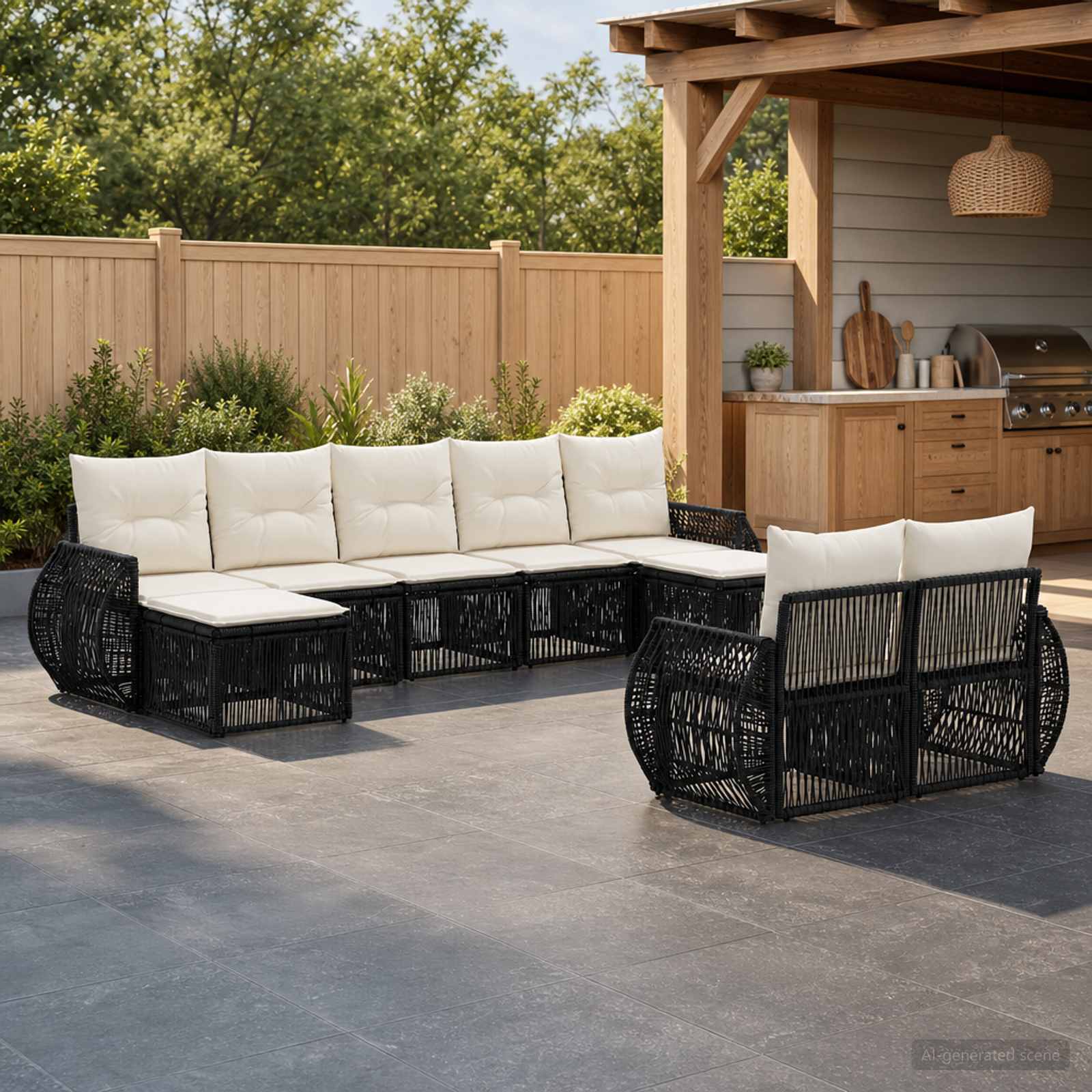 Set Divano da Giardino 9 pcs Nero e Bianco Crema polyrattan | homemem39