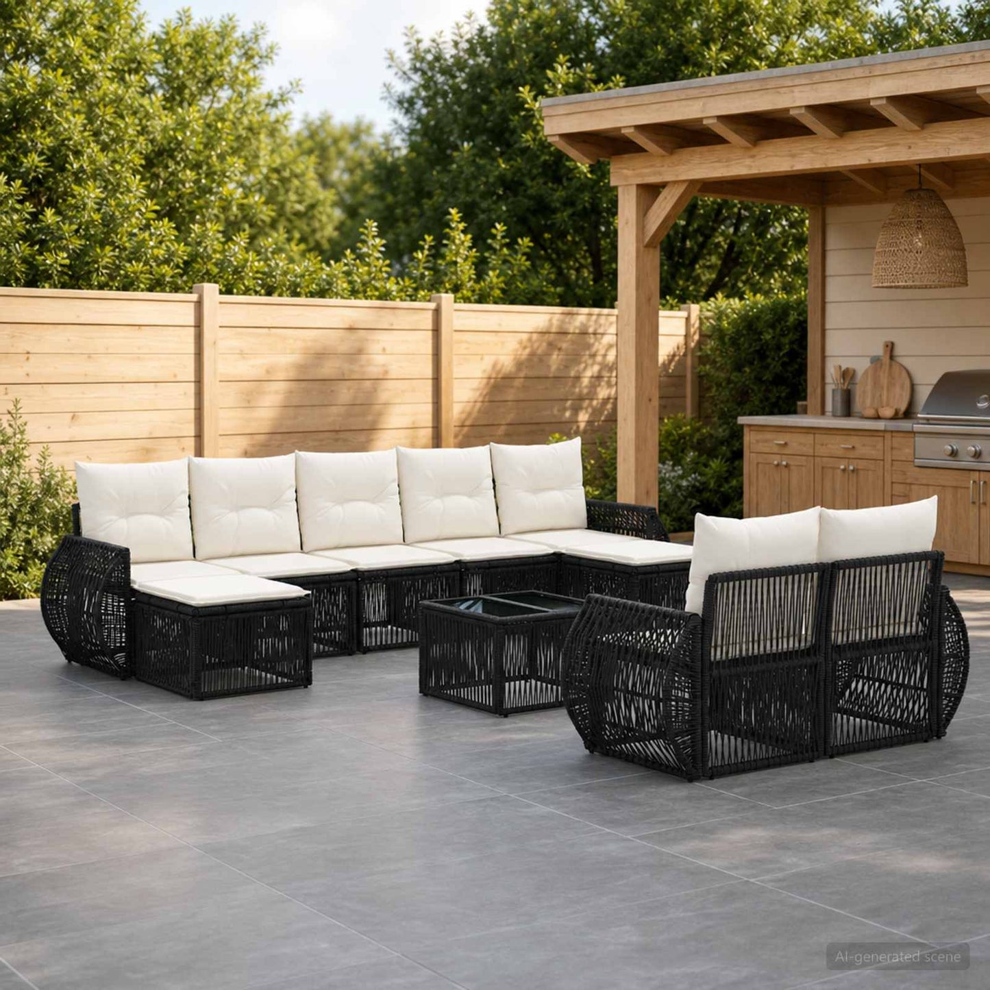 Set Divano da Giardino 10 pcs Nero e Bianco Crema polyrattan | homemem39