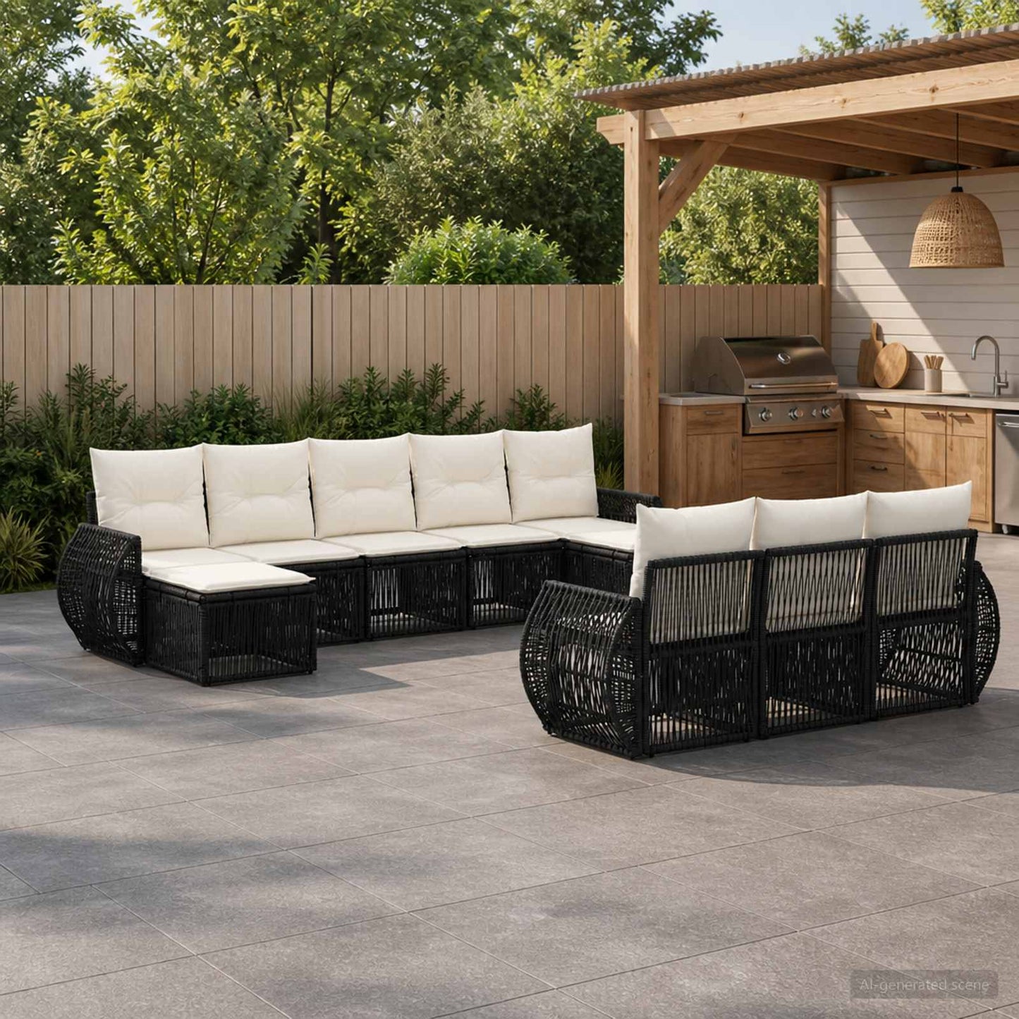 Set Divano da Giardino 10 pcs Nero e Bianco Crema polyrattan | homemem39