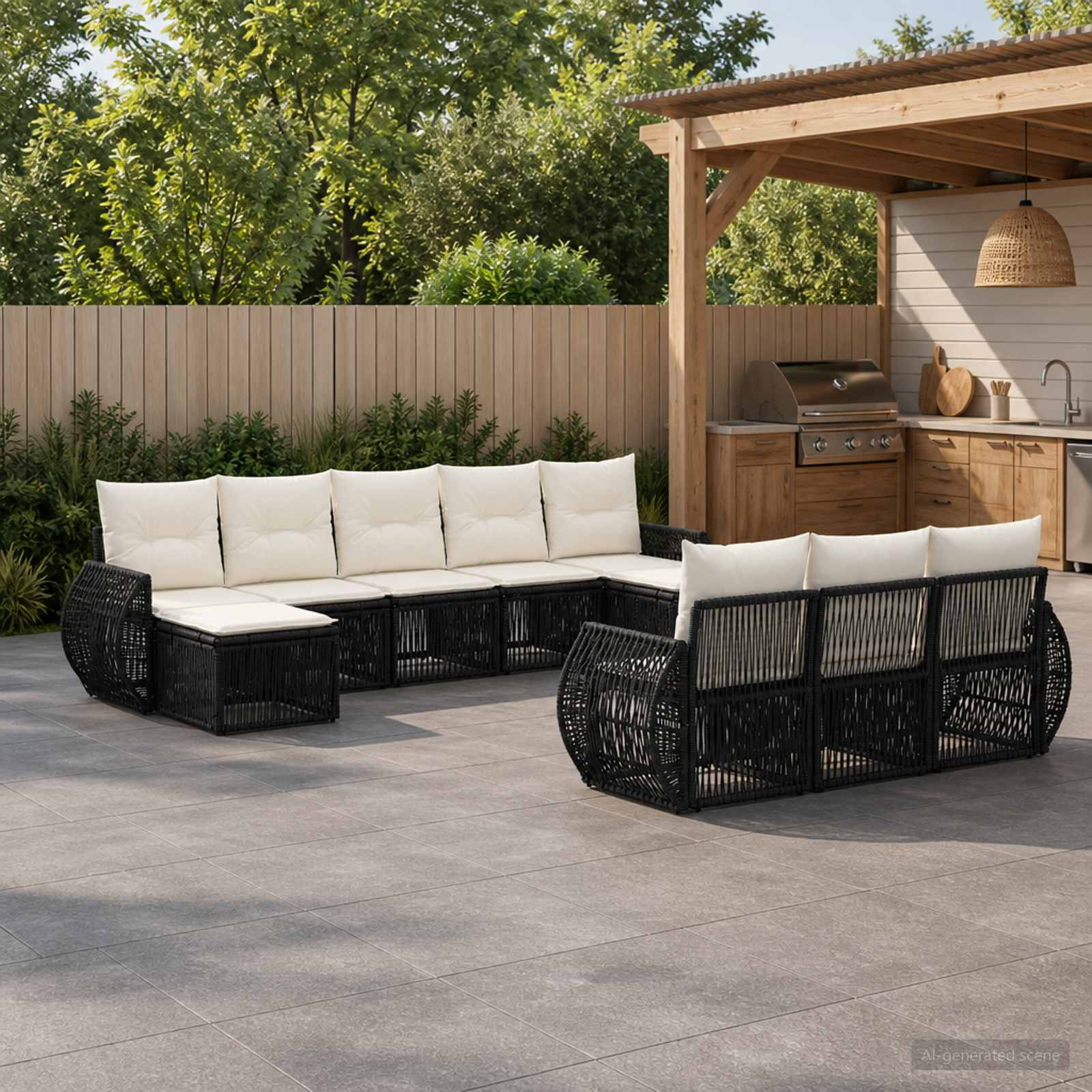 Set Divano da Giardino 10 pcs Nero e Bianco Crema polyrattan | homemem39