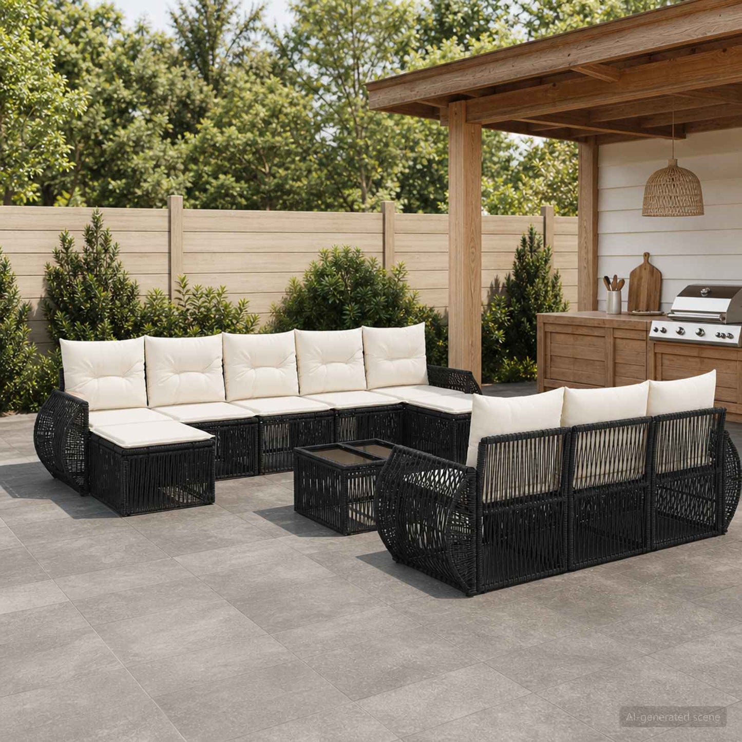 Set Divano da Giardino 11 pcs Nero e Bianco Crema polyrattan | homemem39