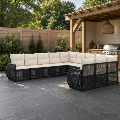 Set Divano da Giardino 11 pcs Nero e Bianco Crema polyrattan | homemem39
