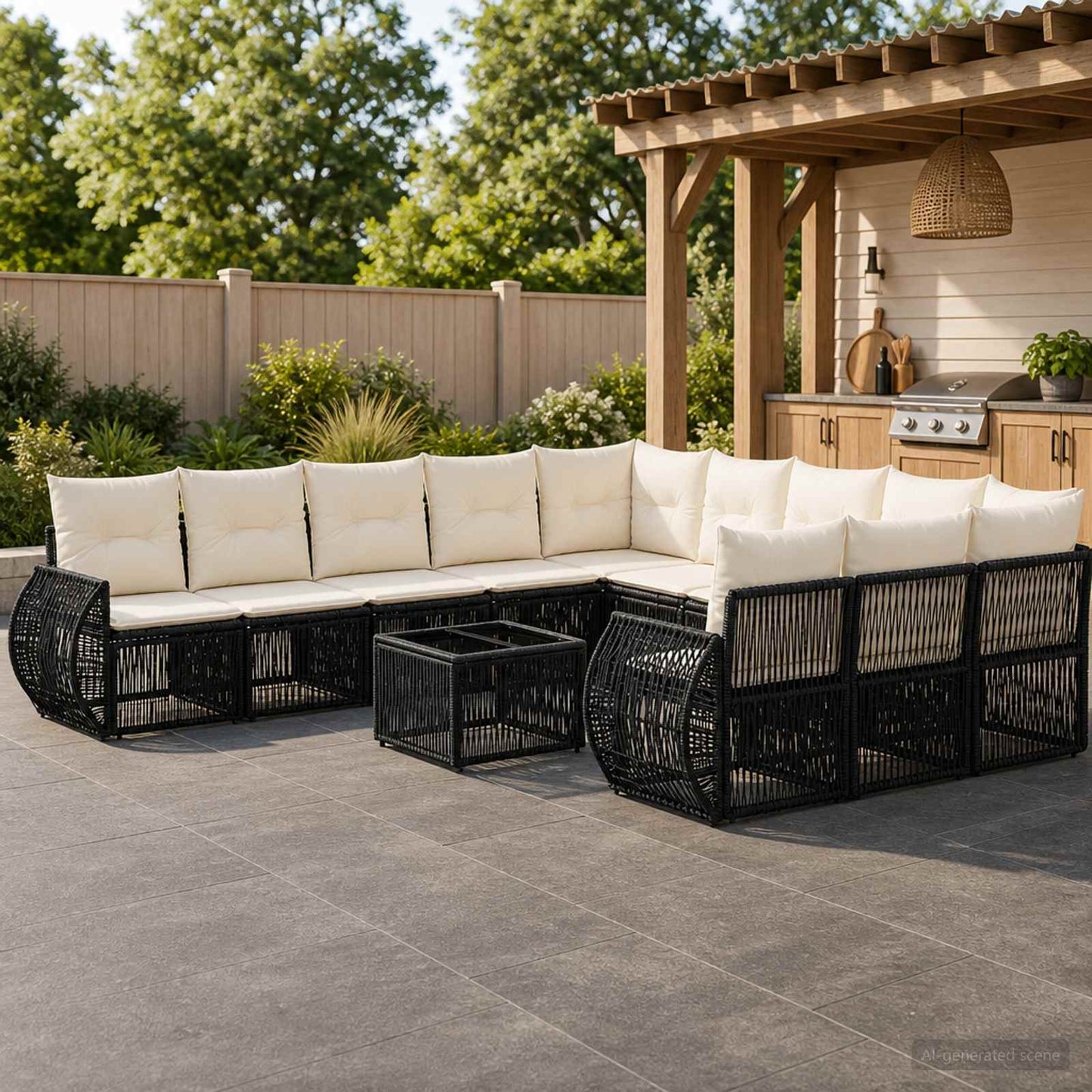 Set Divano da Giardino 12 pcs Nero e Bianco Crema polyrattan | homemem39