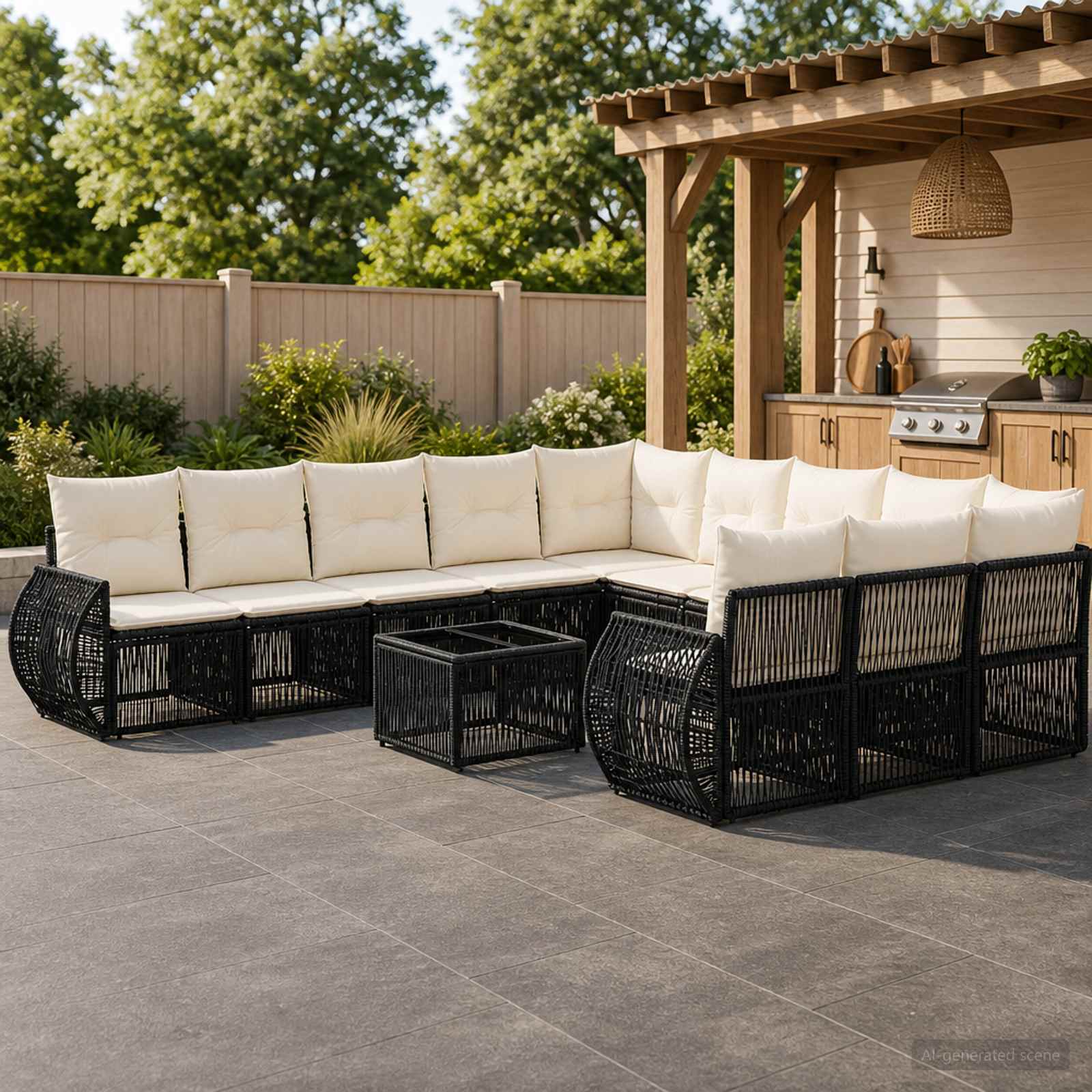 Set Divano da Giardino 12 pcs Nero e Bianco Crema polyrattan | homemem39