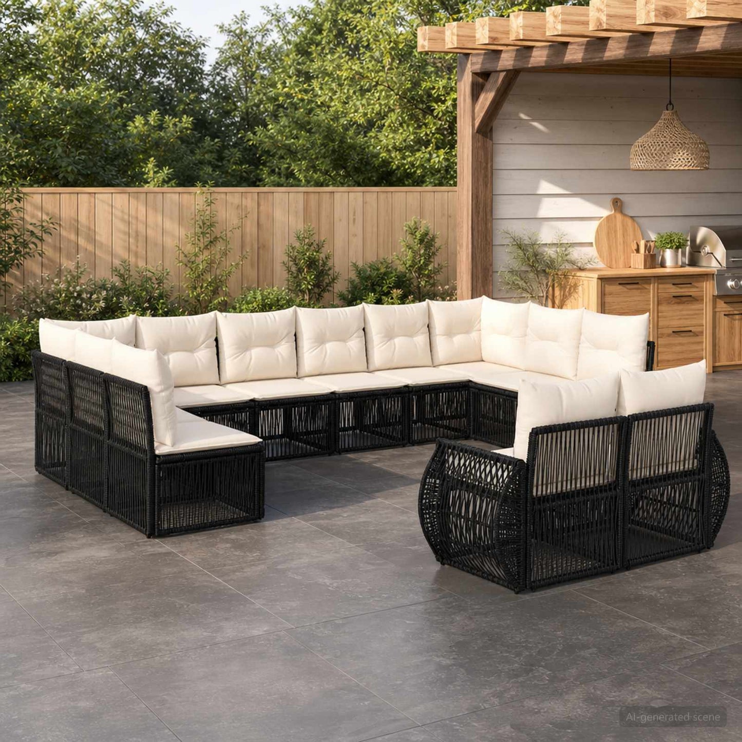 Set Divano da Giardino 12 pcs Nero e Bianco Crema polyrattan | homemem39