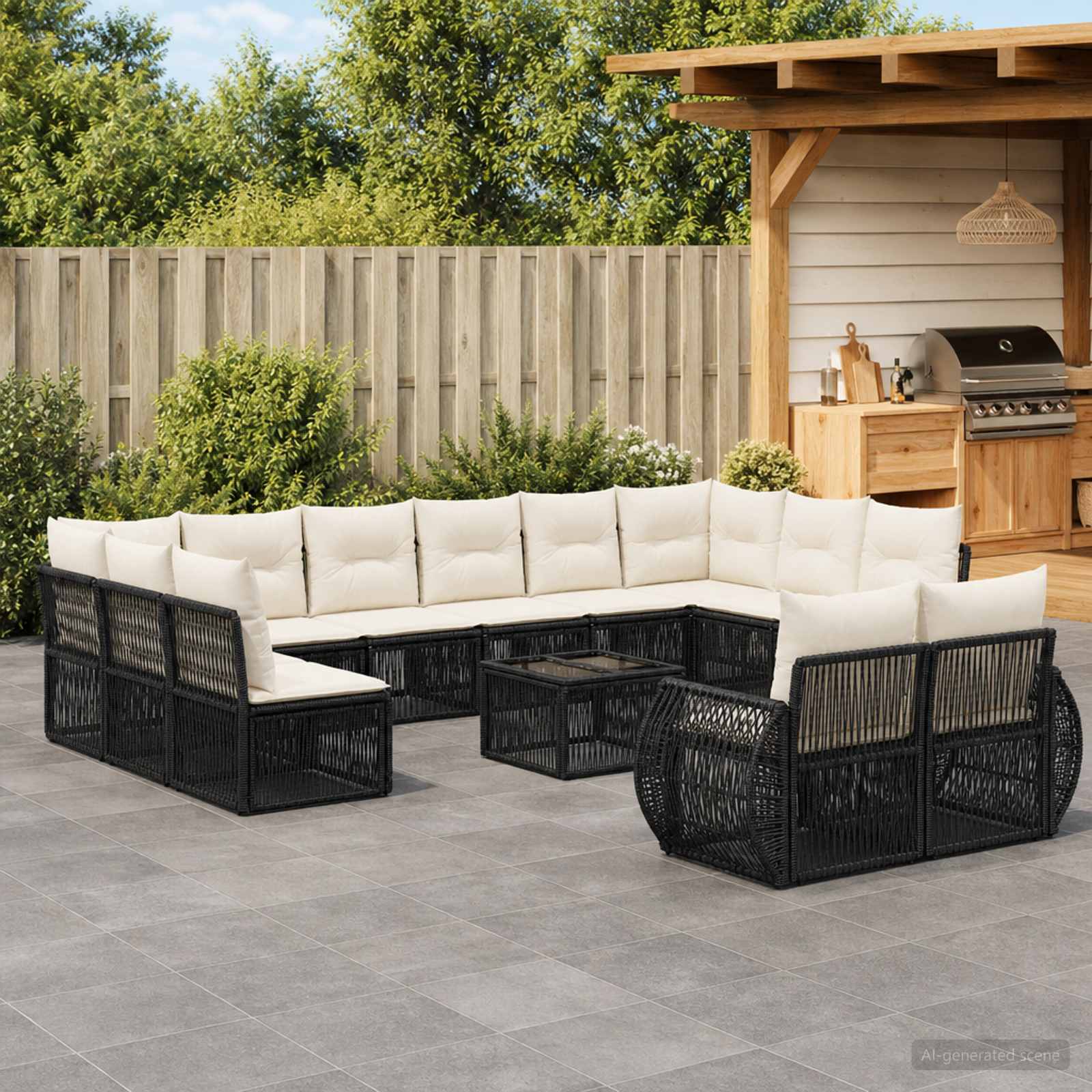Set Divano da Giardino 13 pcs Nero e Bianco Crema polyrattan | homemem39