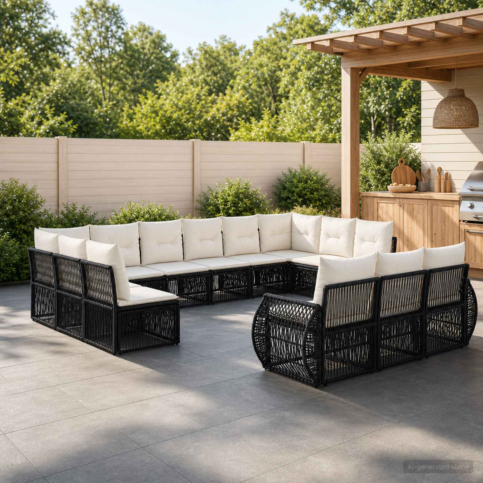 Set Divano da Giardino 13 pcs Nero e Bianco Crema polyrattan | homemem39