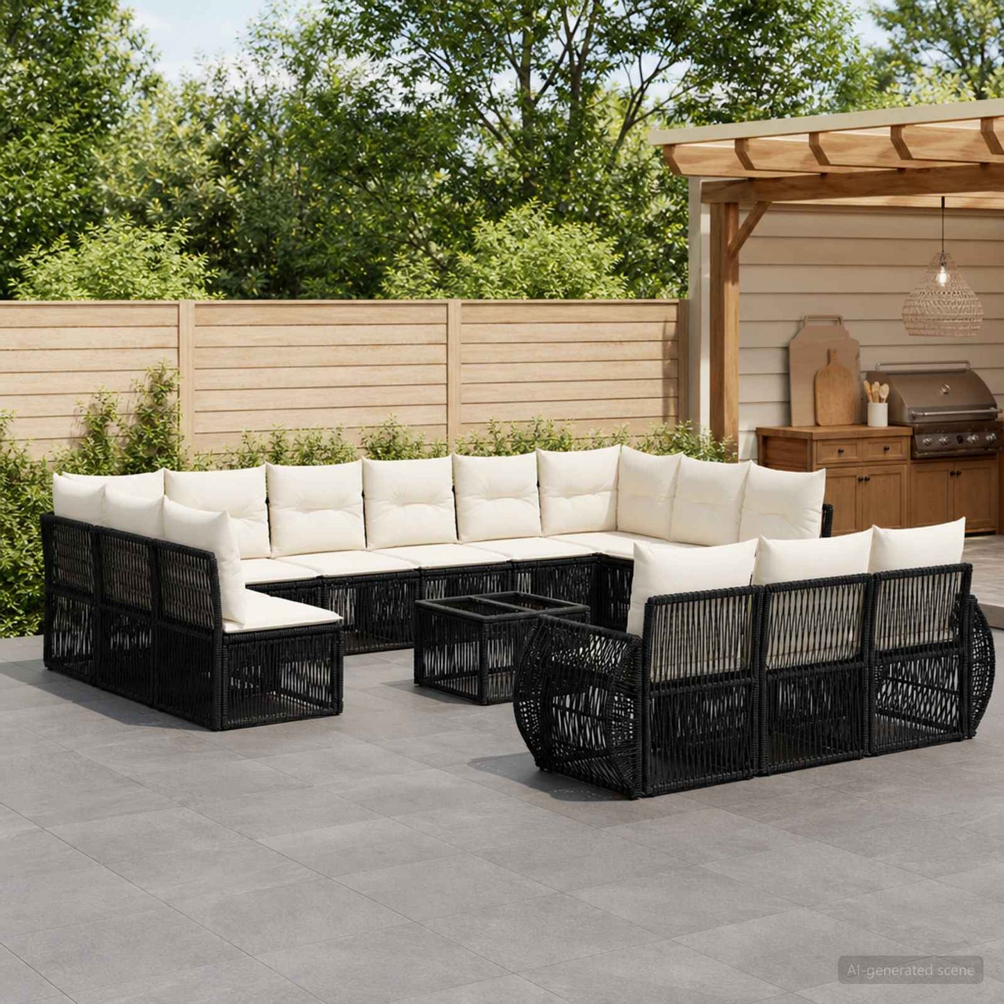 Set Divano da Giardino 14 pcs Nero e Bianco Crema polyrattan | homemem39