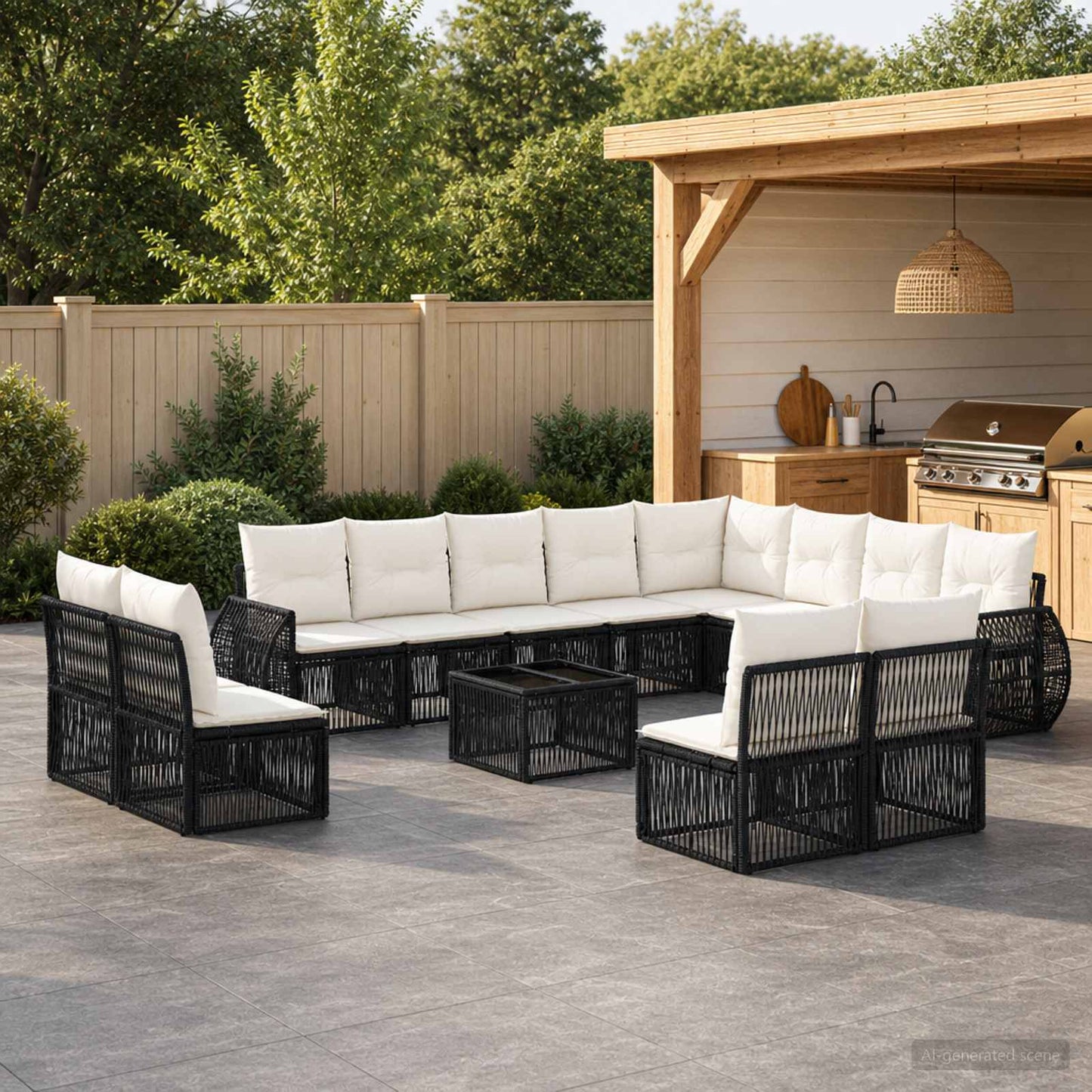 Set Divano da Giardino 13 pcs Nero e Bianco Crema polyrattan | homemem39