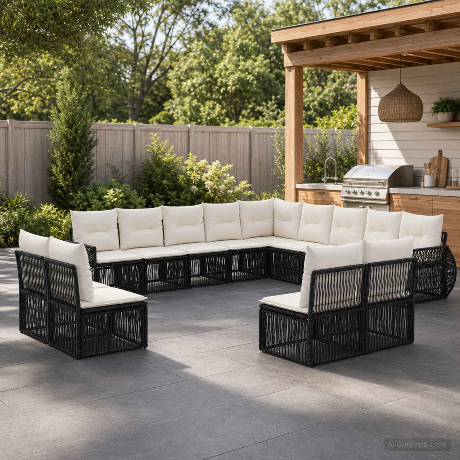 Set Divano da Giardino 13 pcs Nero e Bianco Crema polyrattan | homemem39