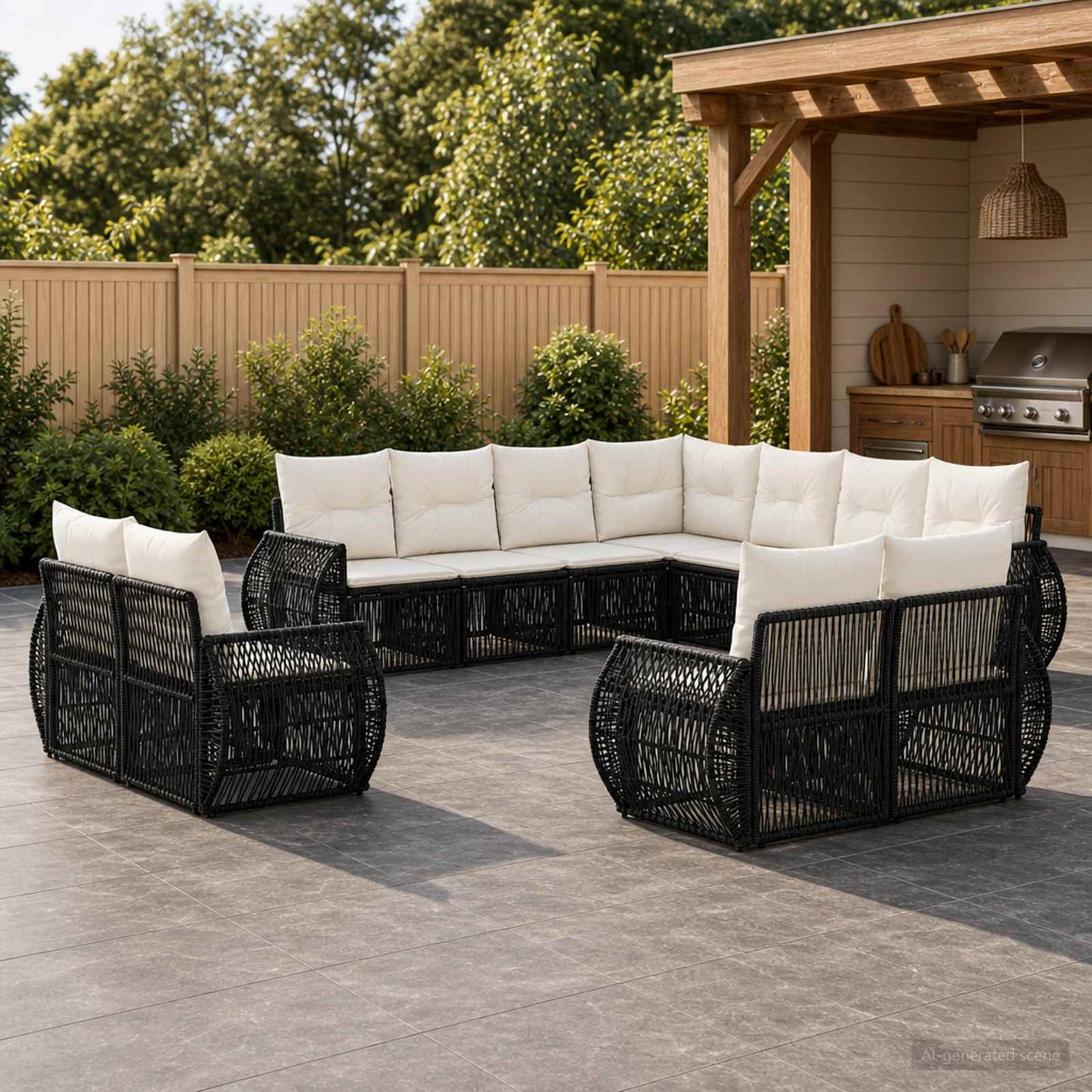 Set Divano da Giardino 11 pcs Nero e Bianco Crema polyrattan | homemem39
