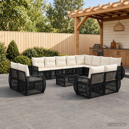 Set Divano da Giardino 13 pcs Nero e Bianco Crema polyrattan | homemem39