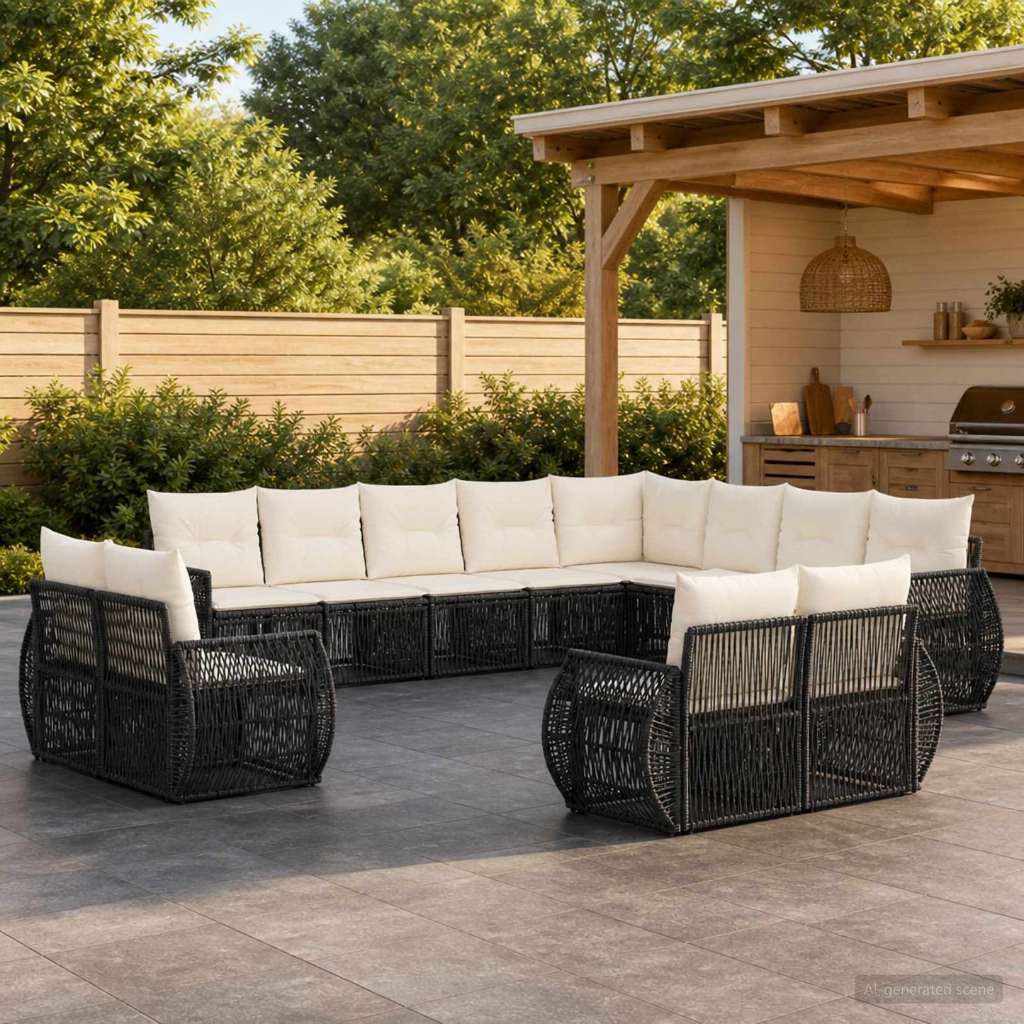 Set Divano da Giardino 13 pcs Nero e Bianco Crema polyrattan | homemem39