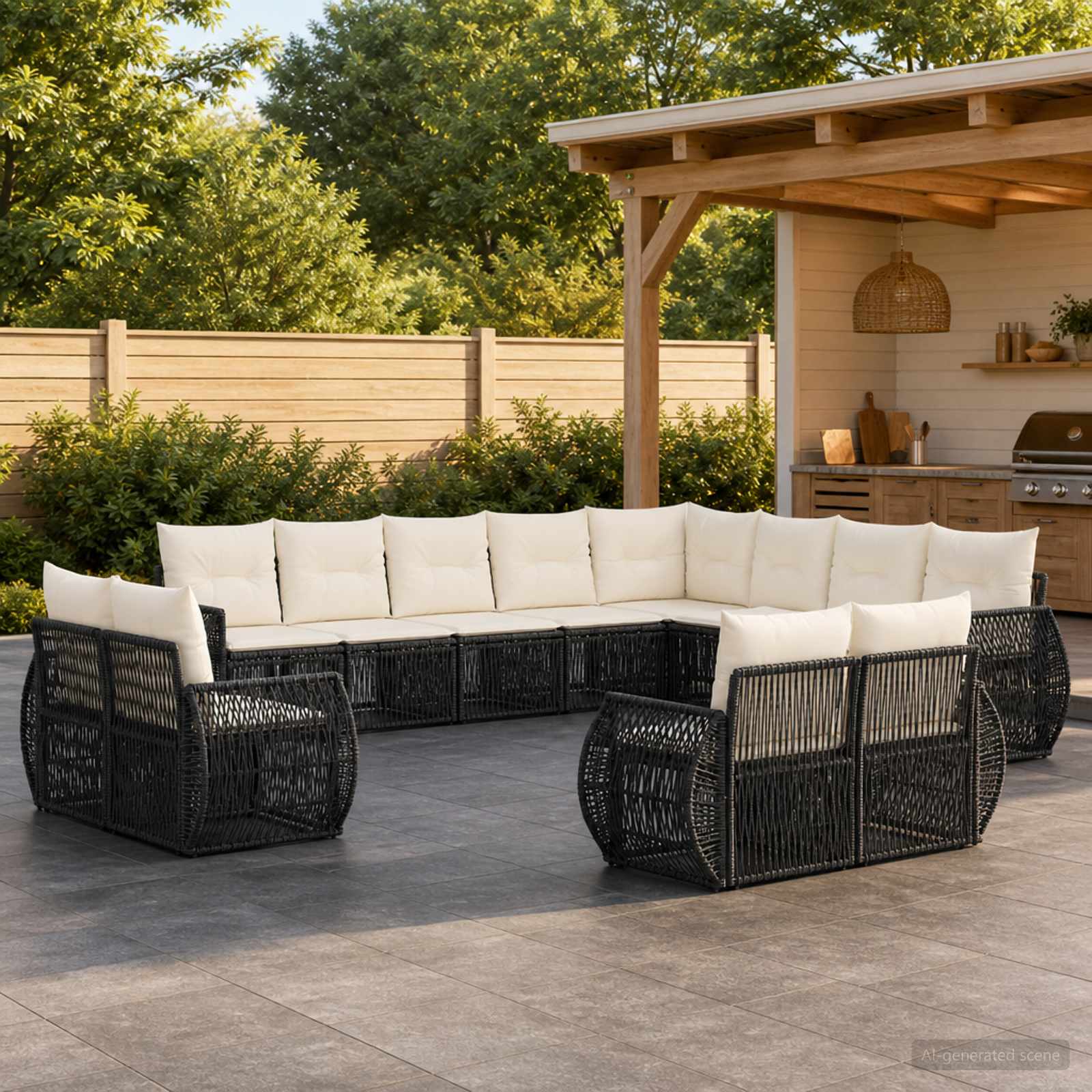 Set Divano da Giardino 13 pcs Nero e Bianco Crema polyrattan | homemem39