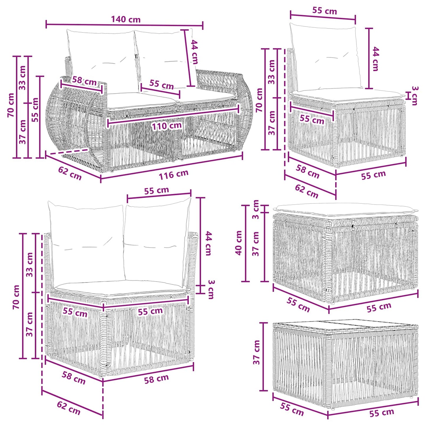 Set Divano da Giardino 12 pcs Nero polyrattan | homemem39