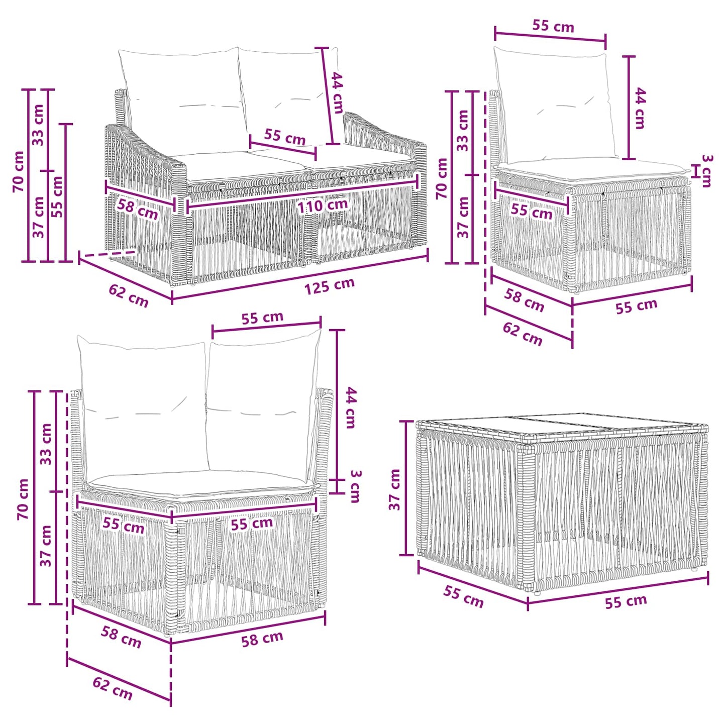 Set Divano da Giardino 8 pz Nero polyrattan