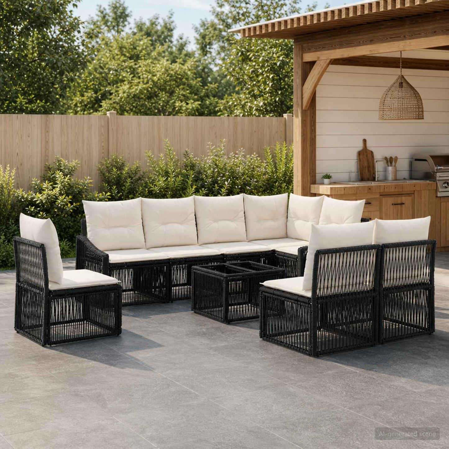 Set Divano da Giardino 9 pz Nero polyrattan