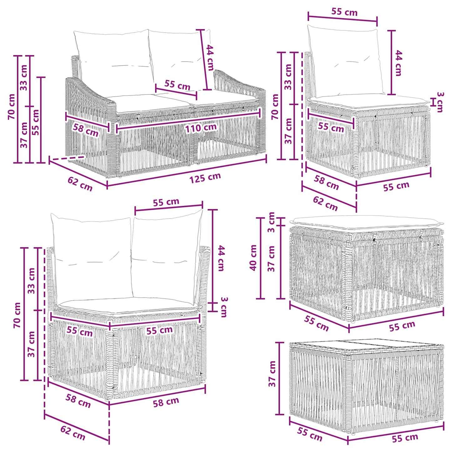 Set Divano da Giardino 9 pz Nero polyrattan