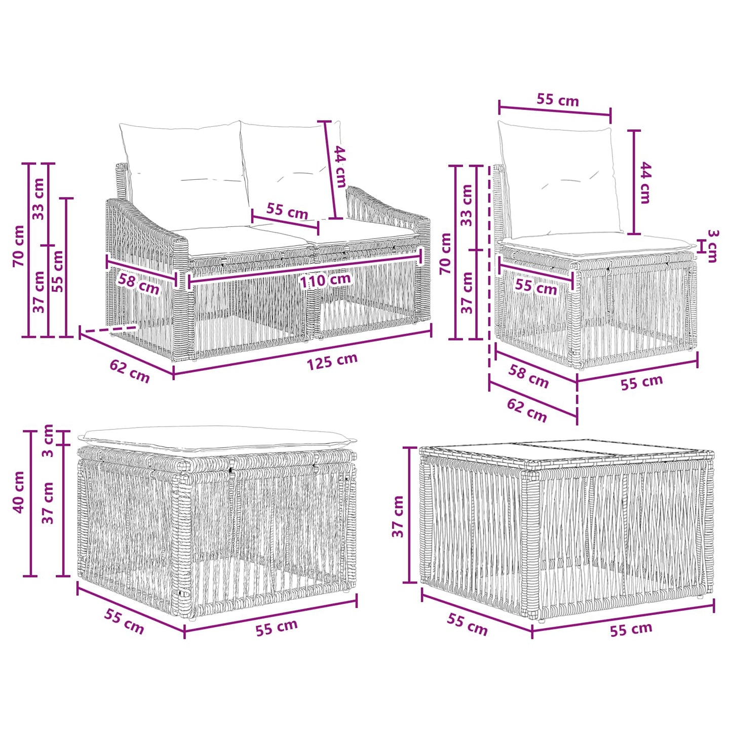 Set Divano da Giardino 11 pz Nero polyrattan