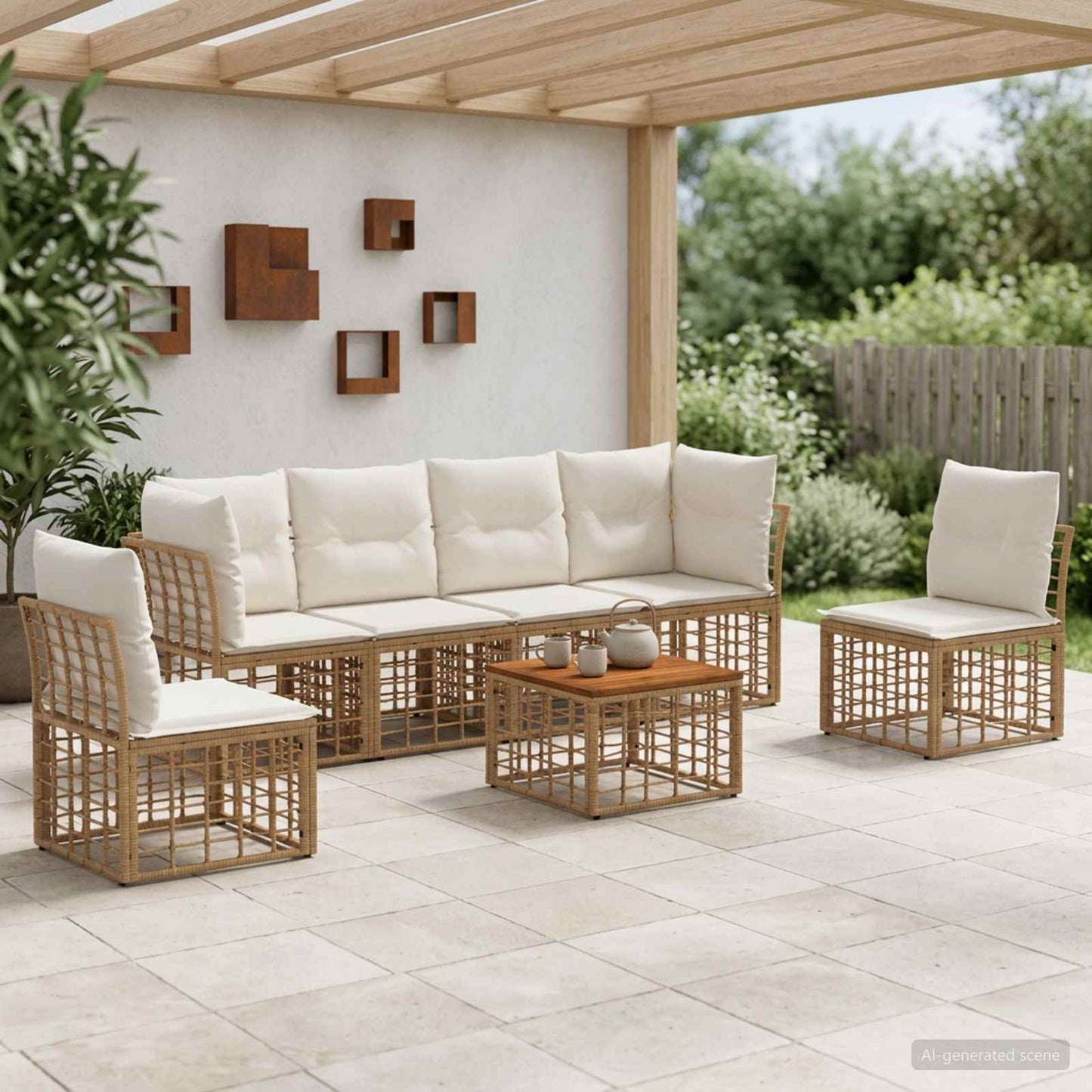 Set di divani da esterno 7 pcs Naturale e Bianco Crema | homemem39