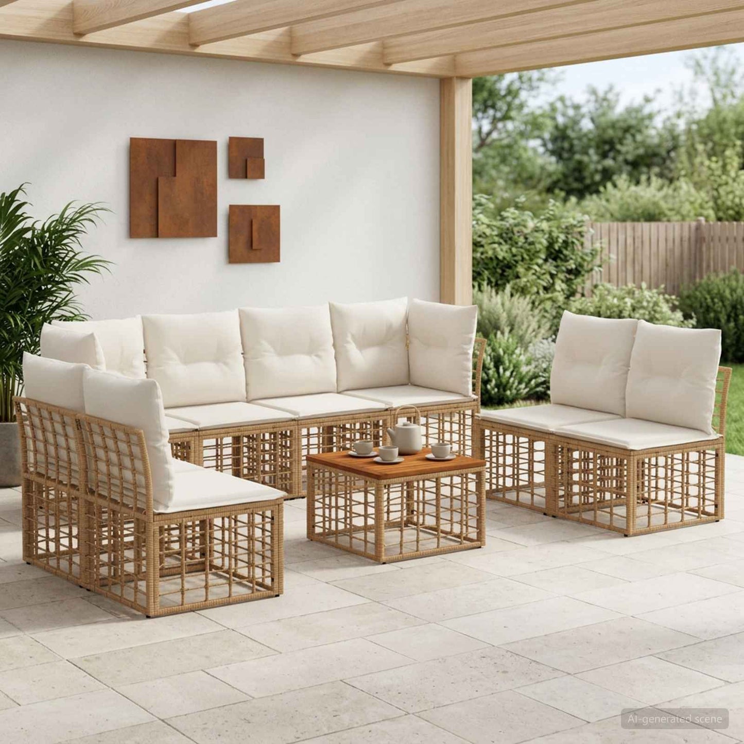 Set di divani da esterno 9 pz Naturale e Bianco Crema