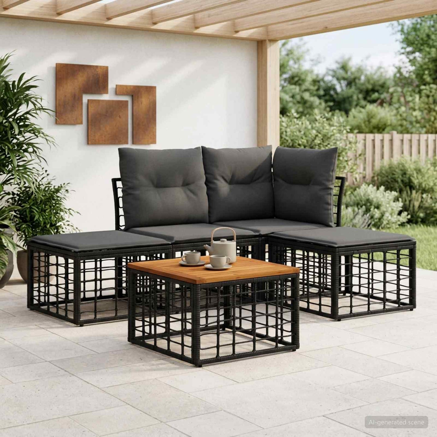 Set di divani da esterno 5 pz Nero e Grigio scuro Poliestere
